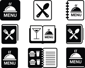 Collection of nine black and white icons representing restaurant menus and dining