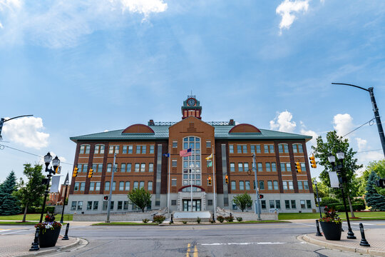 Clinton County Courthouse in St Johns Michigan with Blue Sky and Clouds