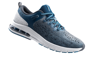 A blue and gray shoe with a white stripe