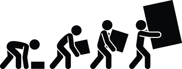 Stick figures progress through stages of lifting and carrying a large object