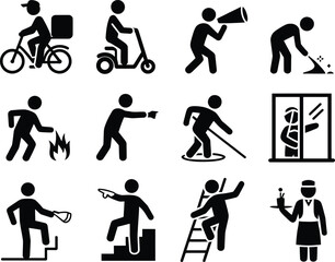 Collection of twelve black pictogram icons representing various human activities and professions