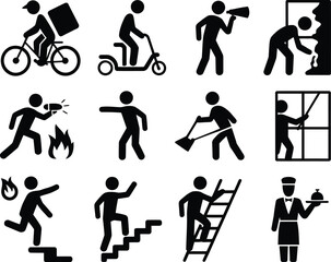 Collection of black silhouette icons depicting various human activities and services
