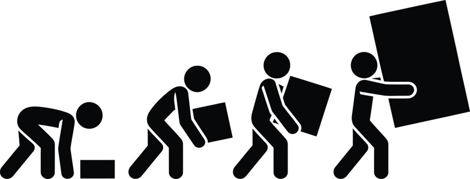 Stick figures progress through stages of lifting and carrying a large object