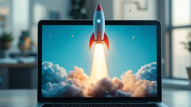 Rocket launch from laptop computer, symbolizing assistant agent autonomy and job automation using futuristic AGI technology for growth. 4k video - Powered by Adobe