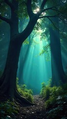 Mysterious Forest Ancient Trees in Deep Shadow, Eerie Sunlight, Captivating Atmosphere - Perfect for Fantasy or Horror