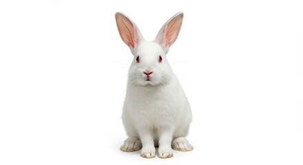 White albino rabbit sitting front view on white background