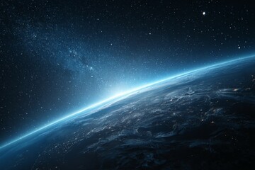 Fototapeta premium Spectacular view of earth from space at dawn with glowing horizon and starry sky