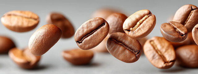 Obraz premium Close-up of golden roasted coffee beans flying in the air, with soft shadows and clean sharp focus. High detail product photography