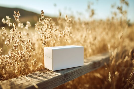 A blank white box rests on a weathered wooden plank amidst a field of golden dry grass and stalks
