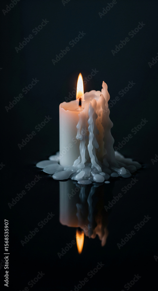 Aufkleber burning white candle with melted wax dripping down, reflecting on dark surface, creating atmospheric