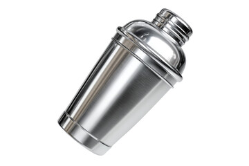 A silver cocktail shaker is shown in a white background