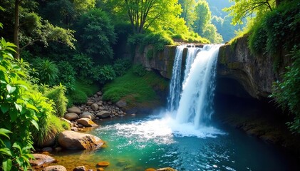 Sunlit Waterfall Cascades Down Lush Green Hillside, Mesmerizing Flowing Water, Vibrant Nature Scene