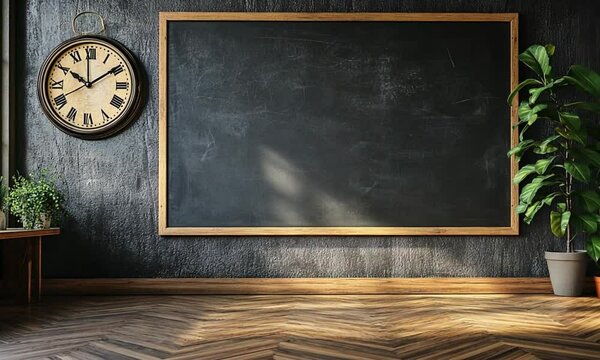 Vintage classroom scene featuring a blackboard and elegant clock