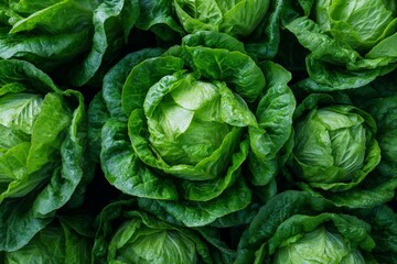 Fresh green cabbage heads with water droplets on leaves