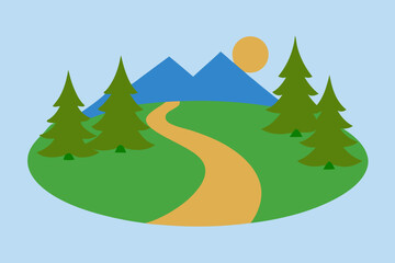 Naklejka premium Serene Valley With Curved Pathway Pine Trees And Open Sky