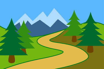 Serene Valley With Curved Pathway Pine Trees And Open Sky