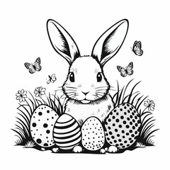 Easter bunny with decorated Easter eggs in a field Image Vector on white background.