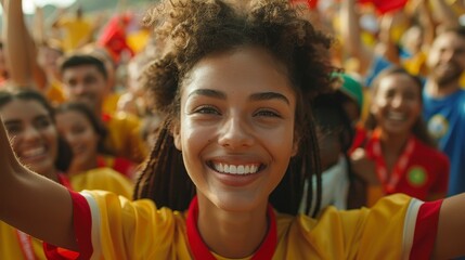 Fototapeta premium Enthusiastic woman smiles in a crowd of happy people, cheering at an outdoor event