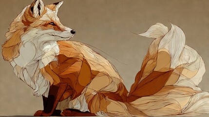   A sketch of a fox positioned on the floor with its head angled to the side and its tail curled up