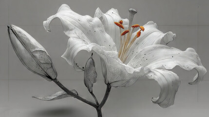   A white bloom with orange petals in a gray vase against a gray backdrop and adjacent to a gray wall