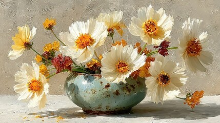   A vase brimming with white and yellow blossoms resting on a pristine white surface alongside a gray backdrop