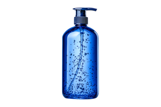 Pump bottle of blue liquid hand soap isolated on a transparent background