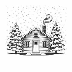 Fototapeta premium A cozy cabin nestled in a snowy forest with falling snow Image Vector Isolated on white background.