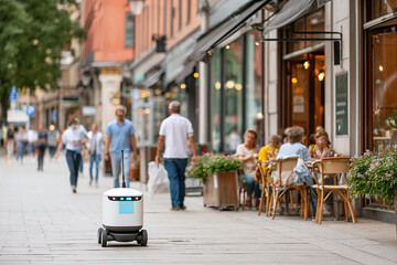 Delivery robot navigates busy street while pedestrians enjoy outdoor dining in urban setting