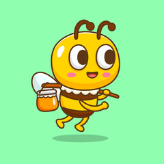 illustration of cute cartoon bring honey on bottle