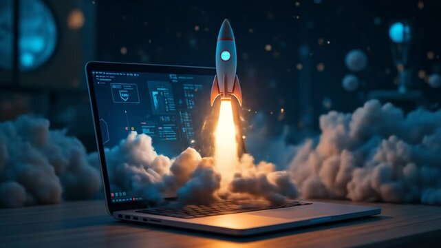 Rocket launch from laptop computer, symbolizing assistant agent autonomy and job automation using futuristic AGI technology for growth. 4k video - Powered by Adobe