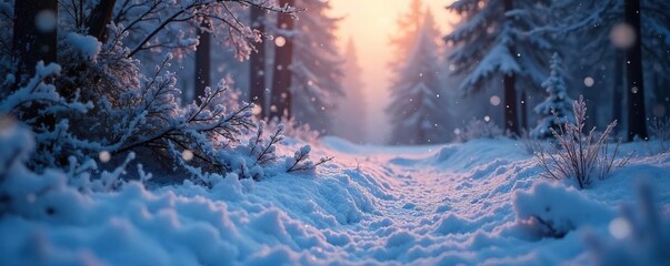 Ethereal Snowfall Illuminates Winter Twilight Landscape Magical Crystal Snowflakes Create an Otherworldly Atmosphere, Perfect for Holiday or Nature Themes