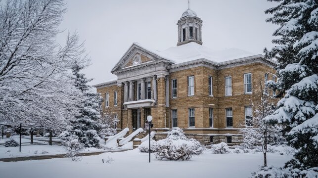 A historic building covered in snow on a winter's day.