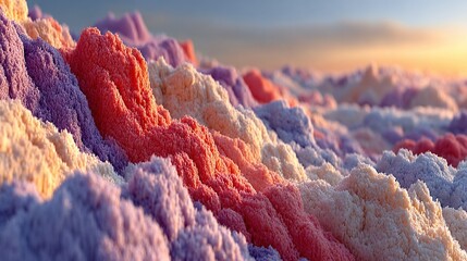   A detailed image of a colorful peak with a clear blue backdrop and cloudy frontscape