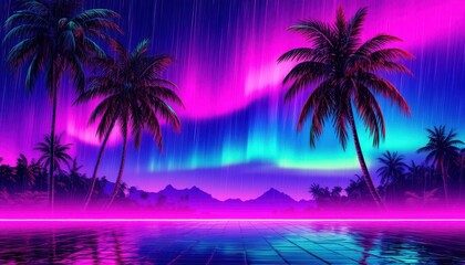 Tropical Synthwave Landscape with Palm Trees and Aurora Over Water