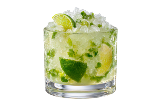 A glass of limeade with ice cubes and green garnish