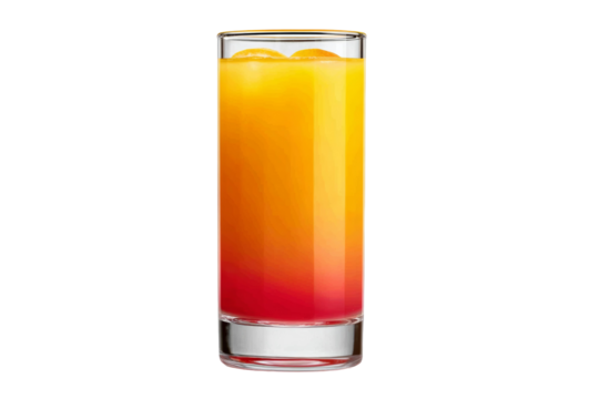 A glass of orange juice with a red stripe