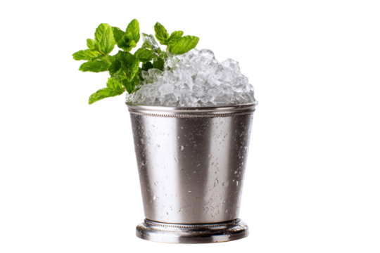 A silver bucket filled with ice and mint leaves