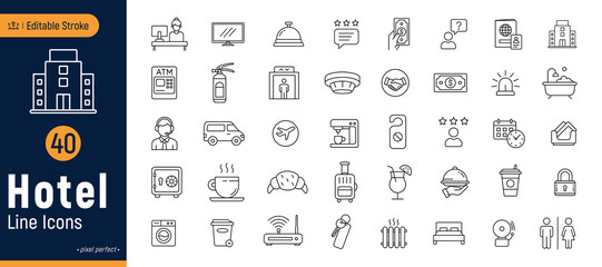 Hotel business line icon set, Vacation icon, editable stroke, pixel perfect, isolated on a white background