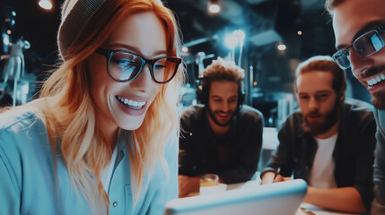 A diverse group of business people using tablets to collaborate and brainstorm ideas in a creative startup office