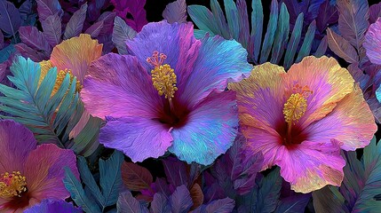   A close-up of vibrant flowers with varying shades of purple, pink, blue, and green leaves