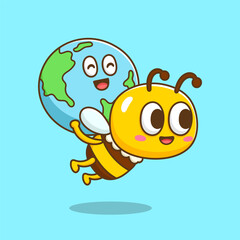 illustration of cute cartoon bee bring earth