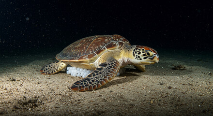 Obraz premium A beautiful sea turtle carefully lays a cluster of white eggs on the sandy ocean floor at night.