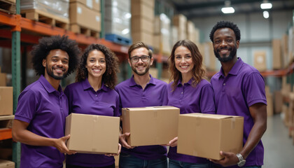 Diverse team of five warehouse workers in purple shirts poses with cardboard boxes. Employees confidence and smiles, reflecting strong camaraderie and teamwork in busy distribution center environment.