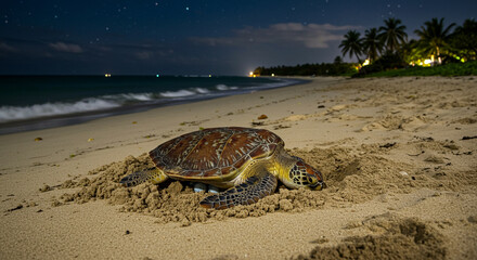 A majestic sea turtle carefully lays her precious eggs on a serene tropical beach under a starry night sky.