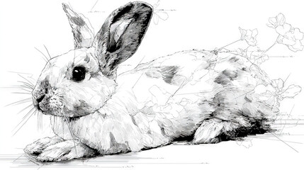   Black and white sketch of a rabbit sitting sideways with wide-open eyes
