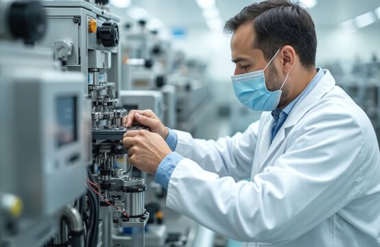 Technician wearing medical mask works on machine in manufacturing facility. Engineer in lab coat performs maintenance on production equipment. Focus on health, safety, and industrial technology. - Powered by Adobe