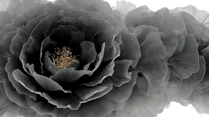   A black and white image of a flower featuring a gold-colored stamen at its center