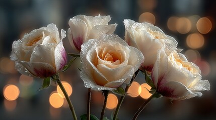   Three white roses with droplets of water and a blurred background of light sources