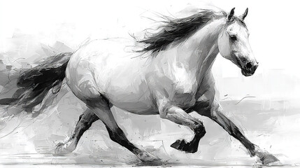  A B&W photo of a galloping horse with its mane and tail whipping in the wind