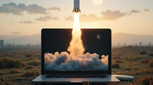 Rocket launch from laptop computer, symbolizing assistant agent autonomy and job automation using futuristic AGI technology for growth. 4k video